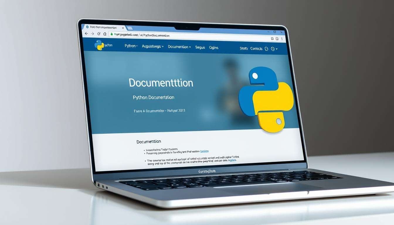 A well-lit, high-resolution image of the official Python documentation website, displayed on a sleek, modern laptop with a minimalist aesthetic. The laptop is positioned on a clean, uncluttered desk, with a subtle gradient background that complements the color scheme of the documentation. The display shows the Python documentation homepage, with the main navigation menu and content sections clearly visible, inviting the viewer to explore the wealth of information and resources available. The overall composition conveys a sense of professionalism, accessibility, and the power of Python's comprehensive documentation as a valuable learning tool.