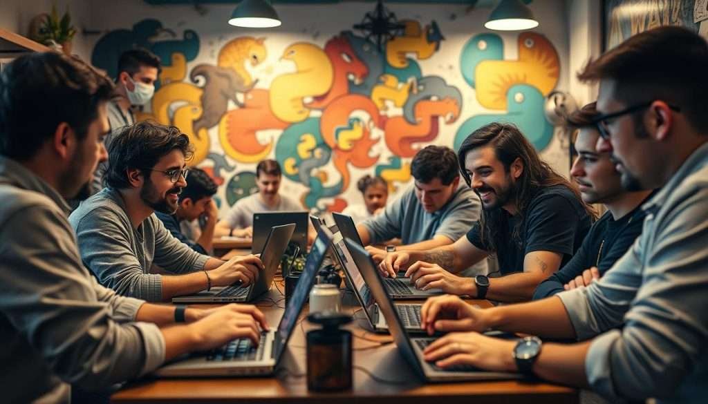 A bustling community of Python enthusiasts gathers in a cozy cafe, laptops open, ideas flowing. In the foreground, a group of developers animatedly discuss the latest library updates, their faces illuminated by the warm glow of computer screens. In the middle ground, a mentor guides a budding programmer, patiently explaining a complex concept. The background features a wall adorned with vibrant Python-themed artwork, creating a vibrant, collaborative atmosphere. Soft, diffused lighting bathes the scene, lending an air of camaraderie and intellectual exploration. The overall mood is one of shared passion, creative problem-solving, and a deep sense of belonging to a thriving, supportive Python community.