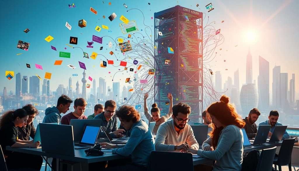 A dynamic, vibrant open-source project environment. In the foreground, a group of diverse developers enthusiastically collaborating on laptops, surrounded by a flurry of colorful code snippets and project diagrams floating in the air. In the middle ground, a towering open-source software repository, its contents spilling out and intertwining. In the background, a futuristic cityscape, with skyscrapers and gleaming technology symbolizing the vast potential of the open-source ecosystem. Bright, diffused lighting creates an energetic, productive atmosphere, while a subtle lens flare adds a sense of optimism and possibility. The overall scene conveys the rewarding experience of contributing to open-source projects and the collective innovation they foster.
