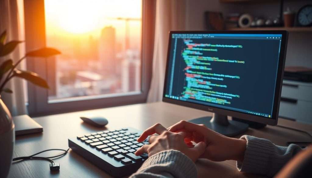 A serene home office with a desk, computer, and Python programming code on the screen. Warm, diffused lighting illuminates the space, creating a focused, productive atmosphere. In the foreground, a pair of hands typing away at the keyboard, conveying the diligent effort of coding automation and scripting services. The background features a window overlooking a vibrant city skyline, hinting at the potential for remote work and global opportunities. The overall composition suggests the fulfillment and financial rewards of leveraging Python skills to provide valuable services.