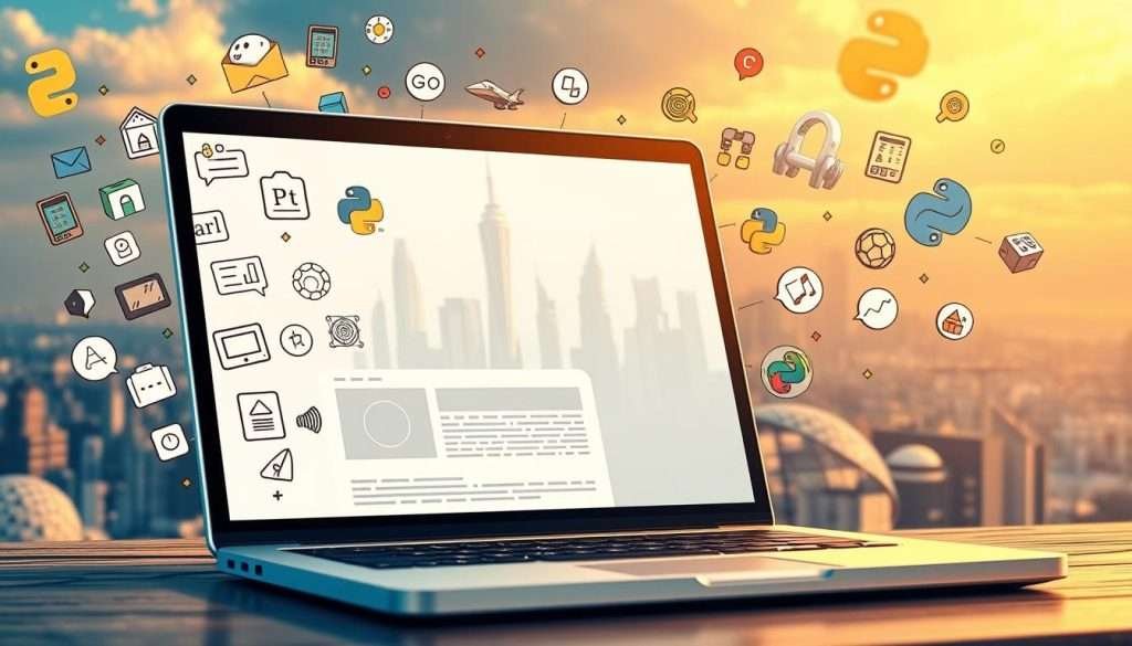 A vibrant, detailed scene showcasing the intricacies of Python web development. In the foreground, a laptop screen displays a sleek, modern web application built with Python frameworks like Django or Flask, its interface clean and intuitive. Surrounding the laptop, an array of Python-related icons, libraries, and tools like Pandas, NumPy, and Matplotlib float in a three-dimensional space, highlighting the breadth of the Python ecosystem. In the middle ground, a city skyline with futuristic architecture recedes into the distance, symbolizing the scalability and power of Python-driven web applications. The scene is bathed in a warm, golden light, conveying a sense of productivity and innovation. Overall, the image should inspire a feeling of the creativity and versatility inherent in Python web development.