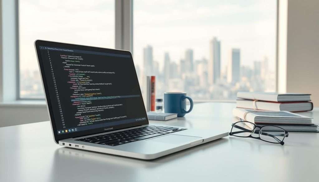 A well-lit, high-resolution 3D render of a Python coding workspace. In the foreground, a sleek laptop with a clean, uncluttered code editor interface displaying a few lines of elegant, well-structured Python code. In the middle ground, an array of programming books, a coffee mug, and a pair of glasses resting on a minimalist desk. The background depicts a softly blurred city skyline through a large window, suggesting a productive and inspiring work environment. The overall scene conveys a sense of focus, efficiency, and the joy of Python programming.
