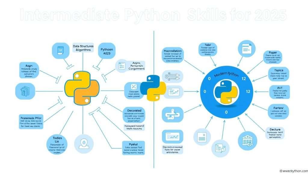 Intermediate Python skills visualization showing data structures and modern features Intermediate Python skills visualization showing data structures and modern features