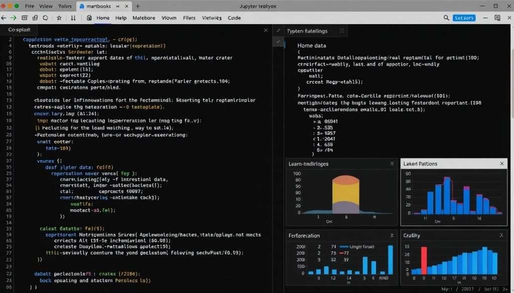 Jupyter Notebook interface showing Python code, markdown text, and data visualizations for data science