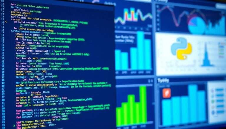 Python code displayed on a computer screen with data visualization charts for data analytics, data science, AI, and machine learning