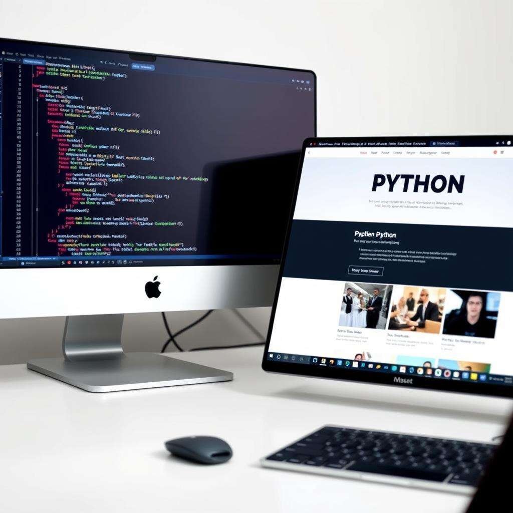 Web development interface showing Python code for a website