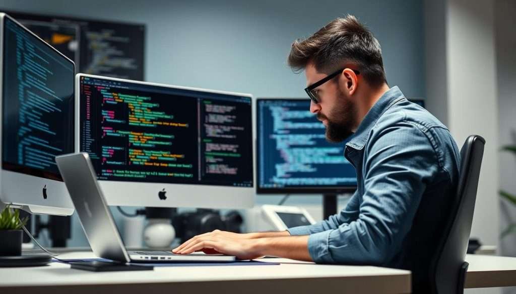Developer working with multiple programming languages on multiple screens showing career growth for best programming languages to learn in 2025 Developer working with multiple programming languages on multiple screens showing career growth for best programming languages to learn in 2025