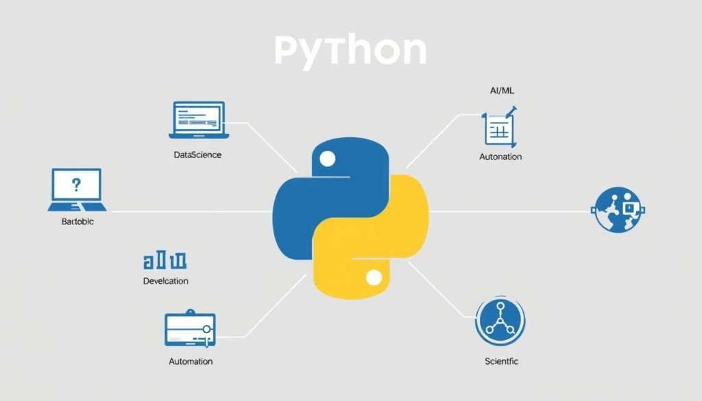 Diagram showing various applications of Python programming language across different industries