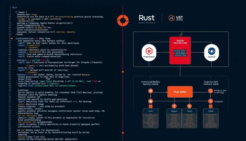 Rust code with system architecture diagrams highlighting memory safety features for best programming languages to learn in 2025 Rust code with system architecture diagrams highlighting memory safety features for best programming languages to learn in 2025